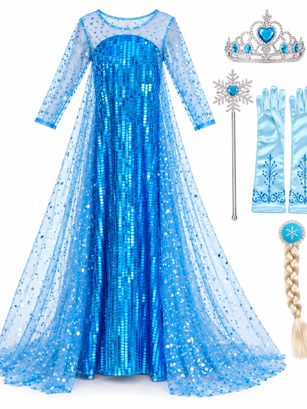 Girls Ice Princess Costume Blue Sequin Dress Cape Tiara Wand Gloves Braid
